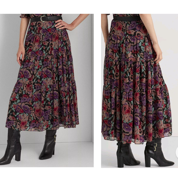 Lauren Ralph Lauren Georgette Dark Floral Print Flowy Tiered Maxi Skirt -Size 10 - Picture 1 of 8